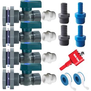 Rain Barrel Spigot Kit with Hole Saw 4 Pcs PVC Bulkhead Fitting, Ball Valve, Garden Hose Male Threaded Adapter, Barb Adapter, Thread Seal Tape (3/4 Inch)