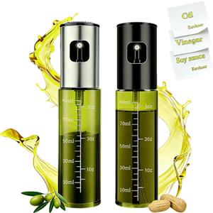 Cooking Oil Sprayers, 2-Pack Upgraded Olive Oil Spray Bottles, Refillable, Air Fryer Accessories, Suitable for Kitchens, Salads, Baking, Grilling, Fryingwith 3D stickersLight-proof glass (Silver cap with dark green bottle body plus black cap with dark green bottle body)