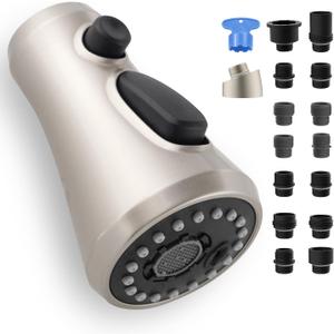Universal Kitchen Faucet Head Replacement Compatible with Kohler/Moen/Delta Faucet with 15 Adapter Kit, 3 Function Pull Down Sink Faucet Spray Head, Brushed Nickel