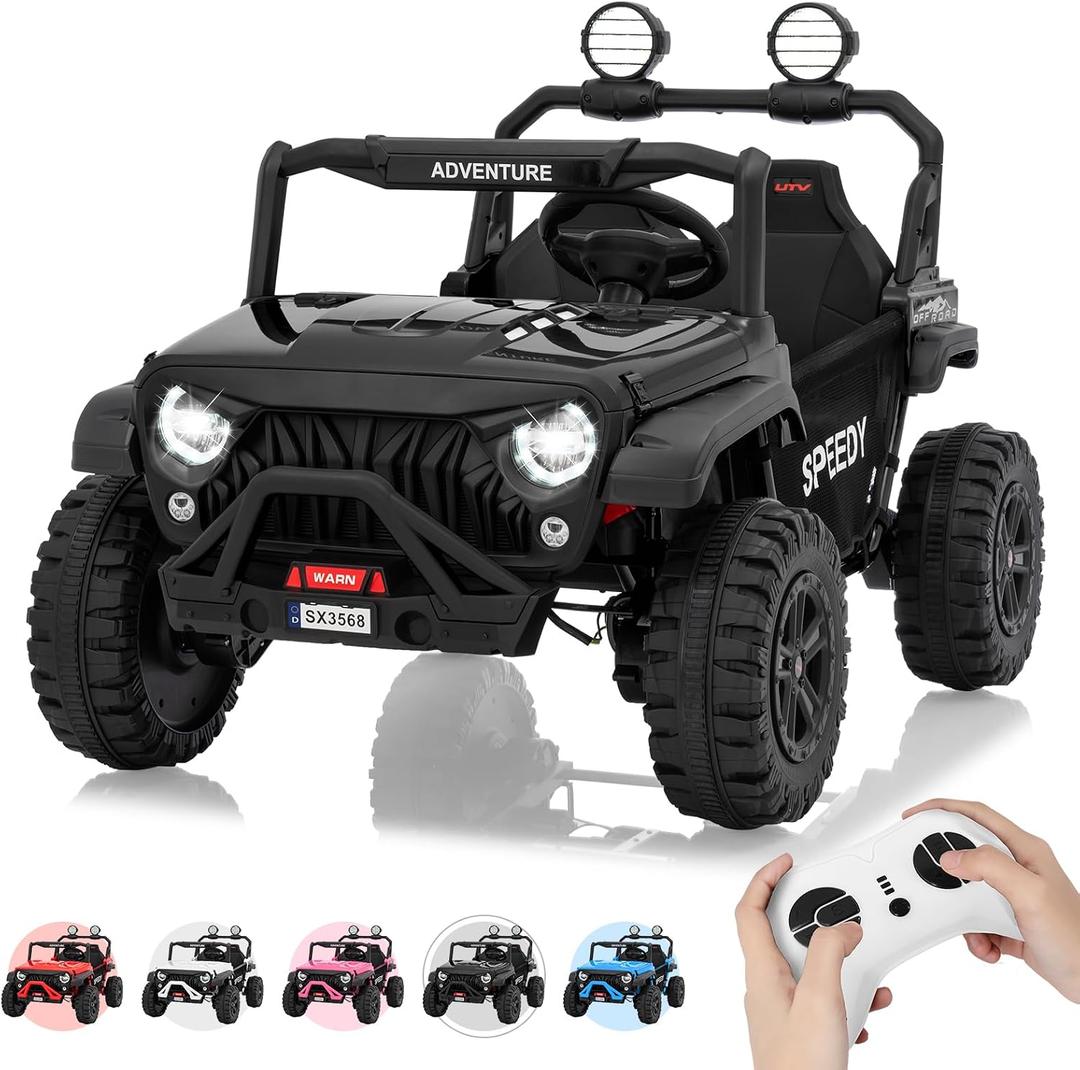 2 Seater Ride on Car for Kids, 24V Ride on Toy, Fast 4.97MPH Truck, 4WD Kids Electric Vehicles with Remote Control, Spring Suspension, Front & Behind LED Lights, Dual Storage, 3 Speeds, Music, Black, 31.1 inches x 48.43 inches x 32.56 inches