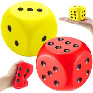 Zomiboo 2 Pcs 2.3'' Large Foam Dice for Classroom Jumbo 6 Sided Giant Dice Casino Party Decoration Squeeze Anxiety Stress Relieve Toy Gifts for Valentine's Day Adults Kids Board Game, Red Yellow