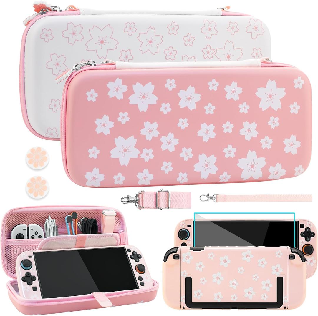 RHOTALL Cherry Blossom Carrying Case for Nintendo Switch 2,Cute Sakura Protective Travel Case,Pink White Flower Dockable Shell Cover for Switch 2,Screen Protector,Shoulder Strap,2 Thumb Caps-Girls