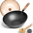 WANGYUANJI 12.6-Inch Wok Pan with Lid, Flat Bottom Wok with Detachable Wooden Handle, Compatible with All Stovetops