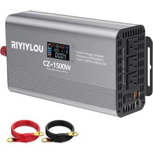 1500W Pure Sine Wave Inverter (3000W Peak), 12V/24V Auto-Detect, 50Hz/60Hz Switchable, LCD Display, Type-C Fast Charging, Silent Design, Overload & Overheat Protection for RV, Home