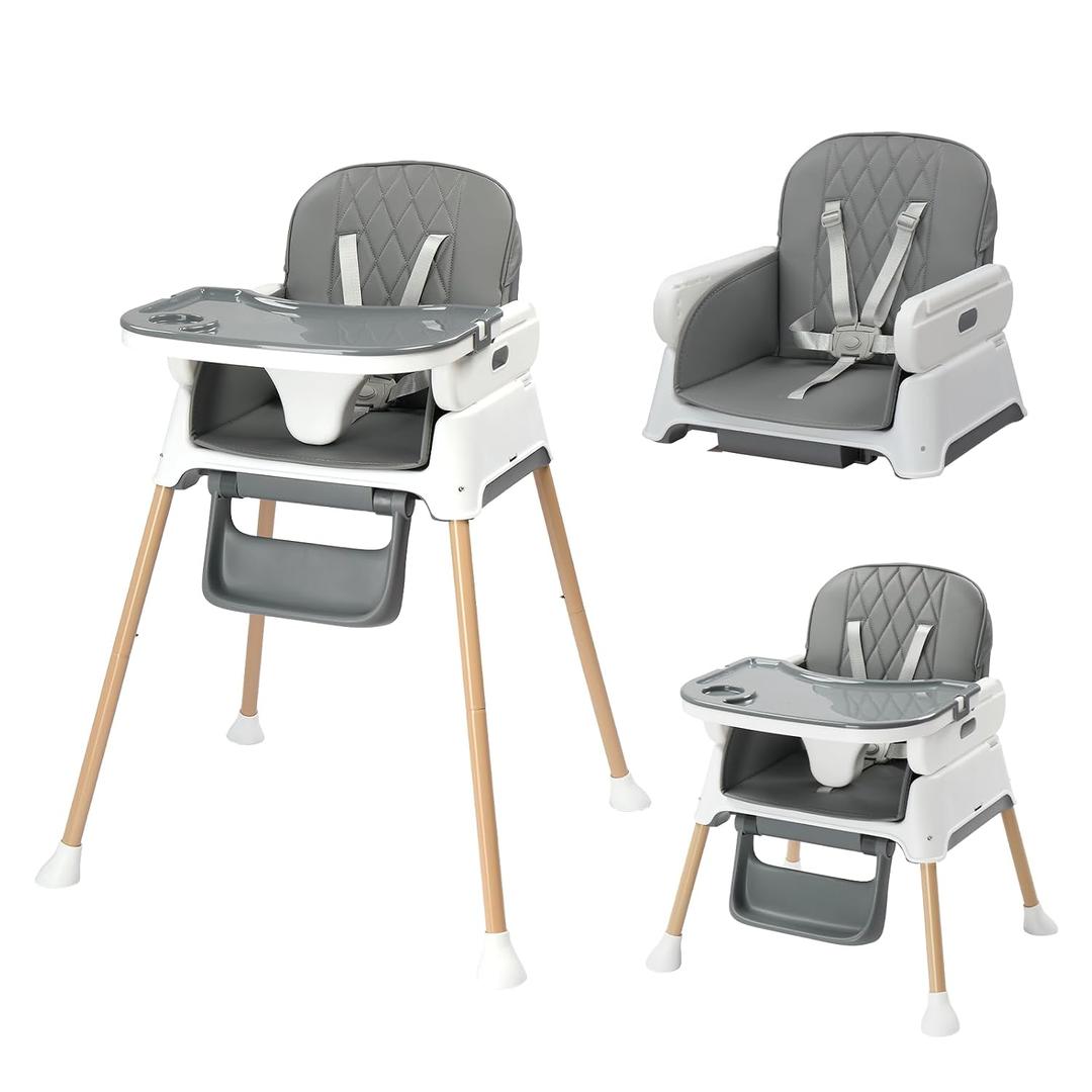JOYMOR 5 in 1 Baby High Chair for Babies and Toddlers, Portable Highchair Fold Compact, ConvertibleBaby Feeding Chair Booster for Eating with Detachable Double Tray, 5 Point Harness (Gray)