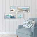 Ocean Wall Art Wooden Framed: Beach Artwork Coastal Prints Set of 4 Seascape Wall Decor for Living Room Overall 36"W x 24"H