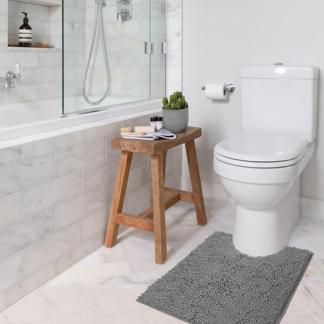 LuxUrux Light Grey Bath Mat - U-Shaped Contoured Rug for Around Toilet, Super Absorbent Shaggy Bath Rug. Easy Machine Wash & Dry (20 x 23, Light Grey)