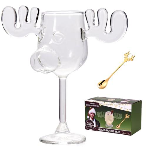 XUANDOH Christmas Eggnog Moose Mug, Clear Thick Cute Glass Coffee Mug, Vacation Movie Moose Christmas Gift Drinking Cup for Friend Birthday Holiday (High Footed Glass)