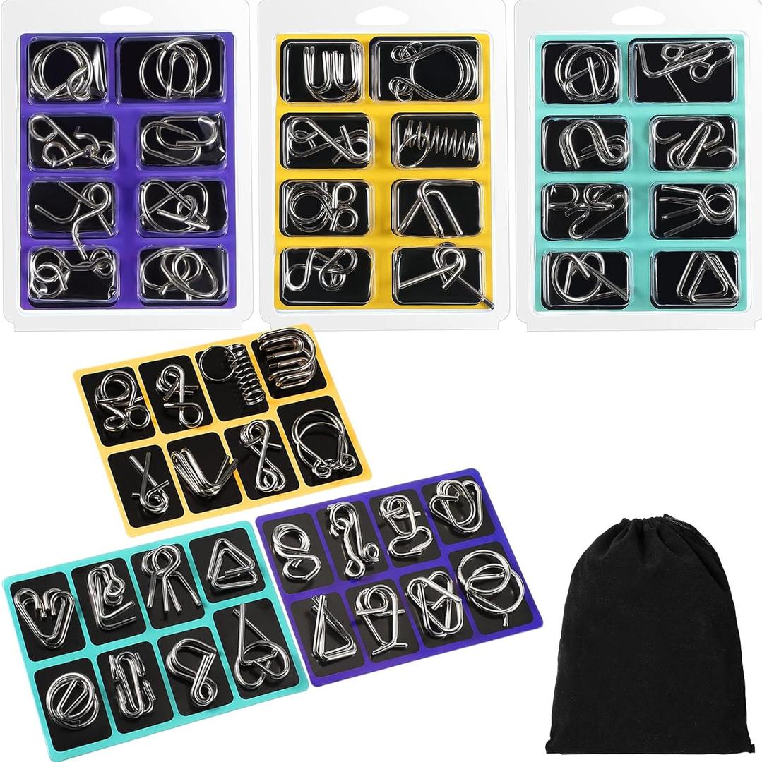 Poen 48 Pcs Metal Wire Puzzle Set with Pouch Brain Teaser IQ Test Disentanglement Iron Link Unlock Interlock Physics Mind Metal Puzzles for Adults Stocking Stuffers Challenge Gifts Party Favor