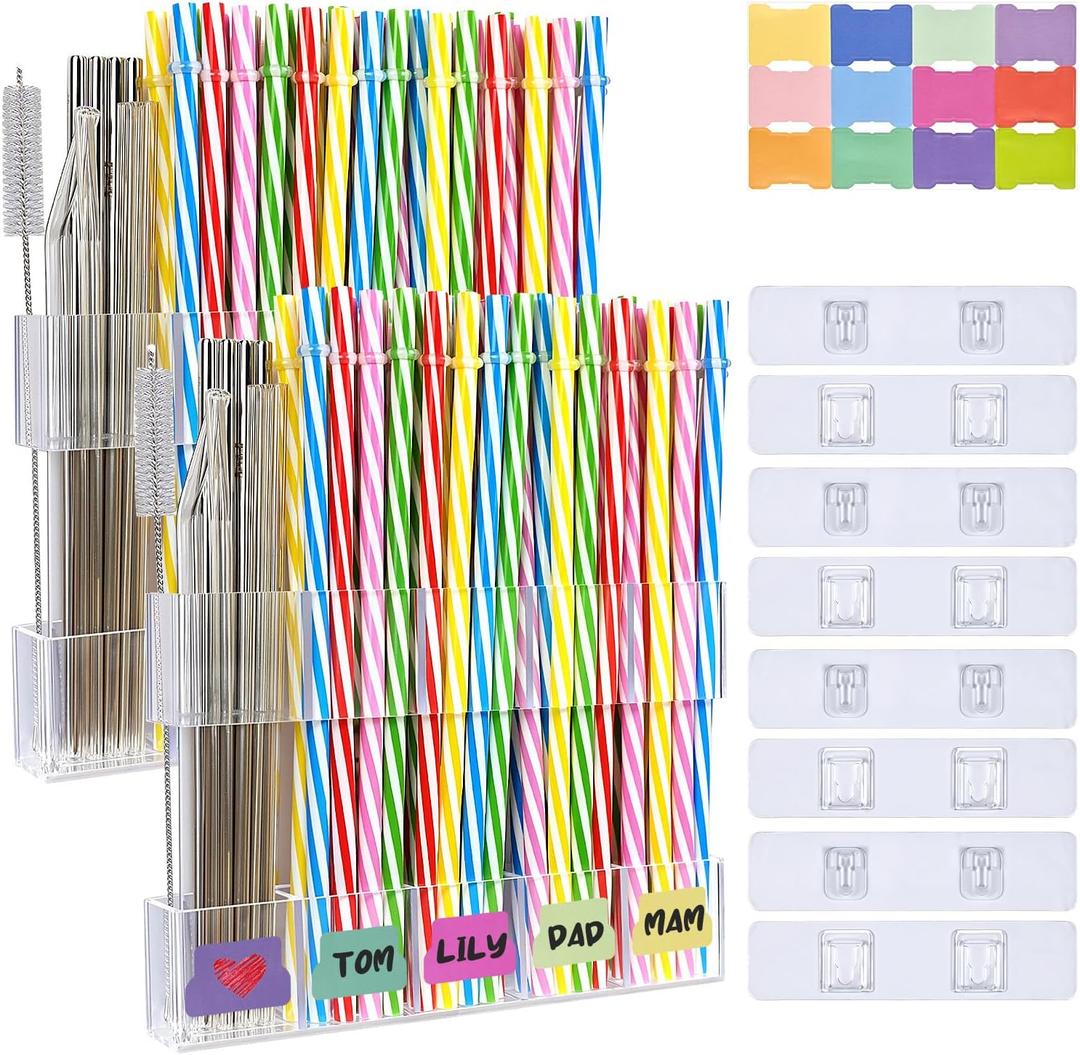 2Pack Acrylic Straw Holder for Cabinet Door with Detachable Double Sided Adhesive Hooks, Straw Organizer Height Adjustable and Reusable