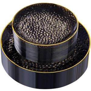 Rubtlamp 60Pcs Black Plastic Plates, Black Disposable Plates With Gold Rim, Clear Heavy-duty Party Plates, Hammered Plastic plates Include 30 Dessert Platos, 30 Dinner Platos for Party, New Year