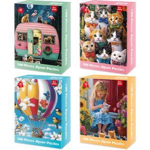 4-Pack 100 Piece Puzzles for Kids Ages 4-6, 6-8 | RV Trailer, Hot Air Balloon, Girl & Cats | Engaging & Educational Jigsaw Puzzles for Girls and Boys
