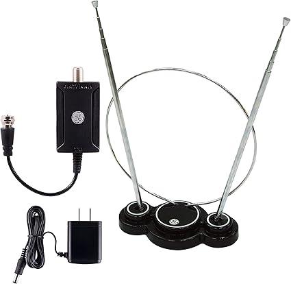 GE Traditional Rabbit Ears Indoor TV Antenna + Indoor Antenna Amplifier, Extendable Dipoles and Circular Loop, Digital HDTV VHF UHF, Low Noise Signal Booster, AC Power Adapter Included
