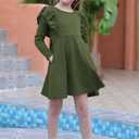 GORLYA Girl's Flutter Sleeve Stretchy A-Line Swing Flared Skater Party Dress with Pockets for 4-12 Years Kids (Olive-long Sleeve)