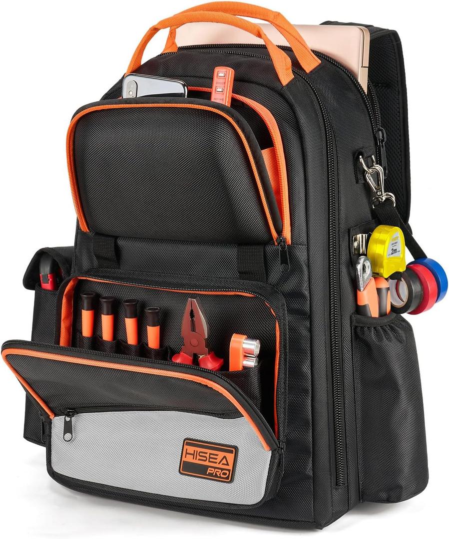 HISEA Tool Backpack, 18-Inch Heavy Duty Tool Bag with 37 Pockets, 1680D Waterproof Pro Tools Organizer and Storage for Electricain, Mechanic, Plumber with Laptop Compartment