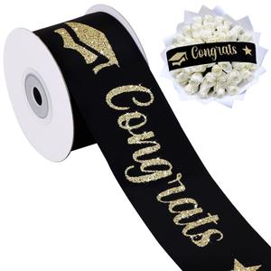 TONIFUL Glitter Gongrats Graduation Ribbon 2 Inch 10 Yards Black Graduation Satin Ribbon with Gold Glitter Printing for Flower Bouquet, Gift Wrapping, Graduation Party Decoration