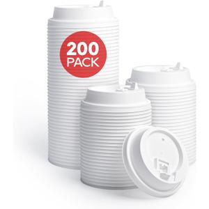 LITOPAK 200 Count Coffee Cup Lids, 3.54'' Disposable Plastic Lids for 10oz, 12oz, 16oz, and 20oz Paper Cups, White