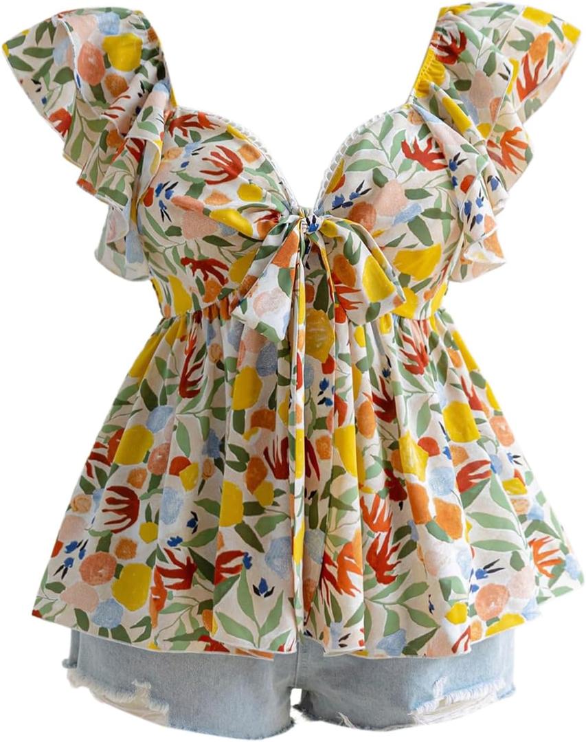 WDIRARA Women's Plus Size Floral Tie Front Babydoll Tops Layered Ruffle Cap Sleeve V Neck Peplum Blouse (XL)