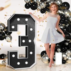 Marquee Numbers Black Birthday Decorations: Large 4 Feet Tall Light Up Numbers 3rd 30th Party Decor Big Mosaic Cardboard Number 3
