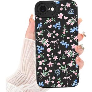 Case for iPhone 16 E,Cute Flower Pink Bow Heart for Women Girls,Soft Shockproof Aesthetic Protective TPU Bumper Floral Phone Case,Black