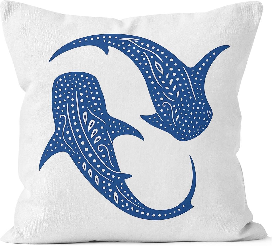 Blue Whale Shark Coastal Beach Pillow Covers 18x18, Ocean Beachy Room Decor, Nautical Ocean Animal Decorative Throw Pillow Covers for Couch Sofa Beach Bedroom House Cabin Home