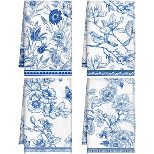 Chinoiserie Floral Kitchen Towels - Set of 4 Blue White Decor Tea Towels Flowers Bird Microfiber Hand Drying Dish Towels Decorative for Home Farmhouse Cooking Baking Cleaning Wipes