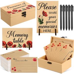 112 Pcs Celebration of Life Memory Cards Set Share a Memory Cards with Box 2 Wood Sign with 4 Hold and 5 Pens, Sympathy Memorial Gifts Funeral Keepsake Decorations (Poppy)