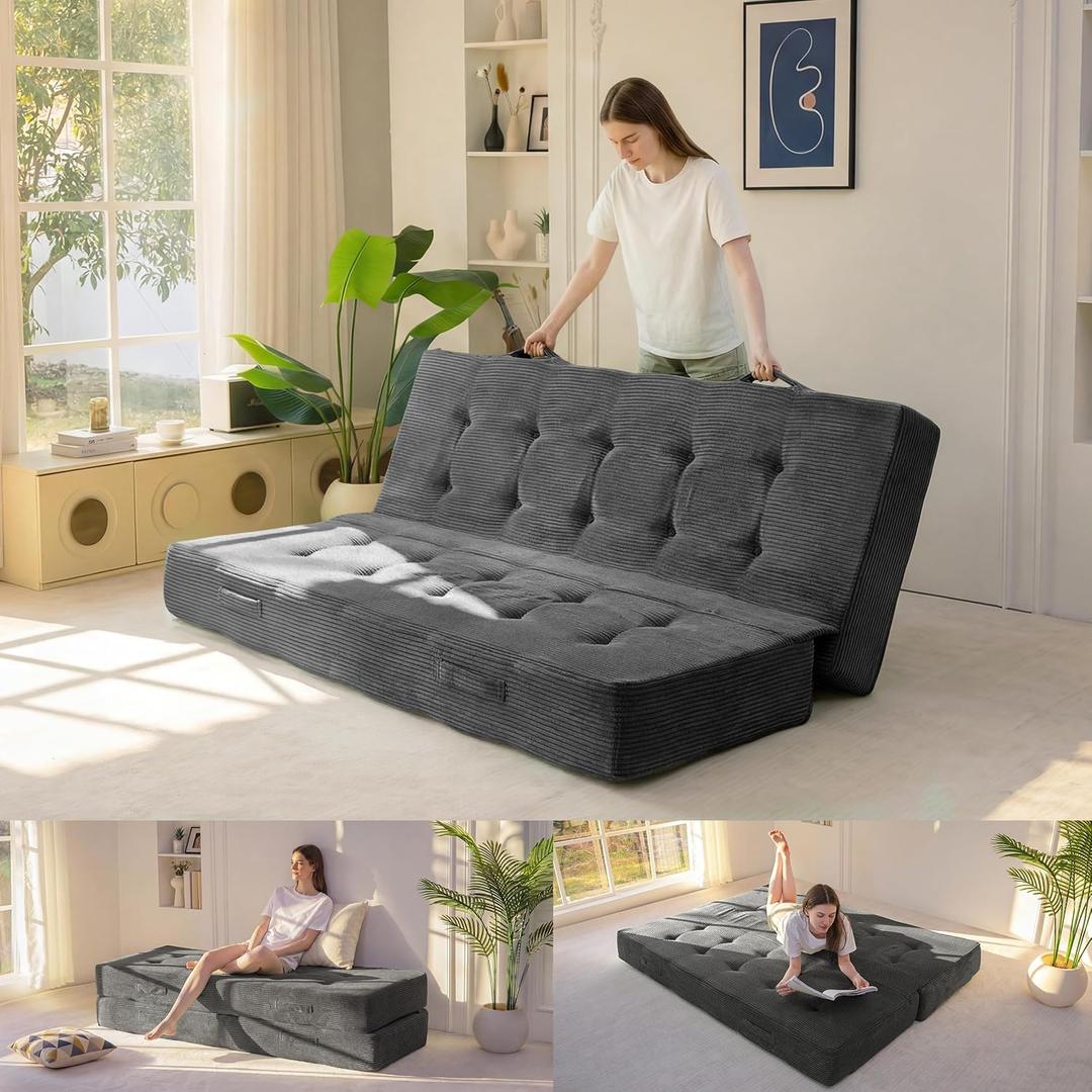 MAXYOYO 8" Full Size Futon Mattress with Handles, Tufted Folding Couch Bed(Frame Not Included), Versatile Folding Mattress for Floor Sleeping, Living Room & Guest Room, Dark Grey
