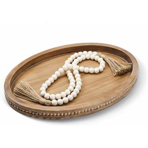 16" x 11.8" Oval Wood Decorative Tray with 58" Bead Garland, Farmhouse Coffee Table & Kitchen Island Dcor, Rustic Brown Entryway Console Tray for Styling, Candles & Small Items