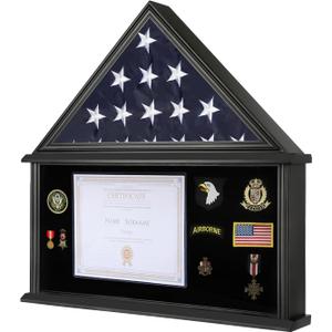 Large Military Shadow Box Solid Wood Burial Flag Display Case for American Veteran Flag Display Fit a Folded 5'x9.5' Flag Military Flag Display Case with Certificate Holder, Black Finish