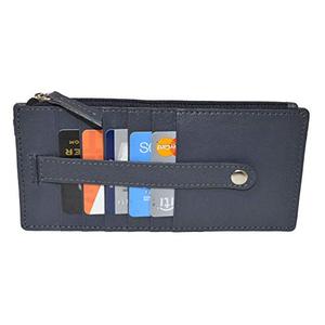 Leatherboss Genuine Leather Women's All in One Credit Business Card Case Holder Slim Zipper Wallet With a Card Protection Strap, Blue