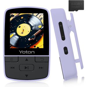 Yoton MP3 Player with Bluetooth 5.2, 64GB Storage, Mini Size, HiFi Music, with Sports Clip, Independent Volume Control, FM Radio, Includes Headphones (Purple)