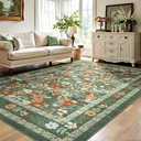 Deerly Green Floral Area Rug 5x7 Vintage Boho Washable Non-Slip Living Room Carpet Soft Low Pile Thin Bedroom Floor Mat Indoor Home Decor for Dining Room Playroom Nursery Farmhouse, Green/Multi