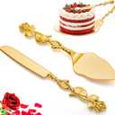 Wedding Cake Knife and Server Set, Gold Cake Cutting Set for Wedding, Vintage Rose Wedding Cake Cutter and Server for Birthday, Party, Anniversary, Cake, Pie, Pizza