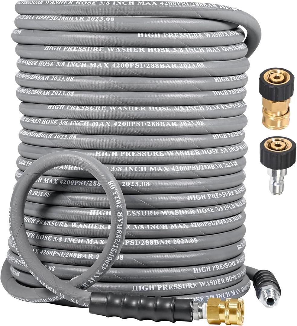 3/8" Pressure Washer Hose 100 FT 4500 PSI, Steel Braided Layer & NonMarking Rubber for Hot/Cold Water High Power Washer Replacement With 3/8 Inch Quick Connect & M22 Fitting, Industrial-grade