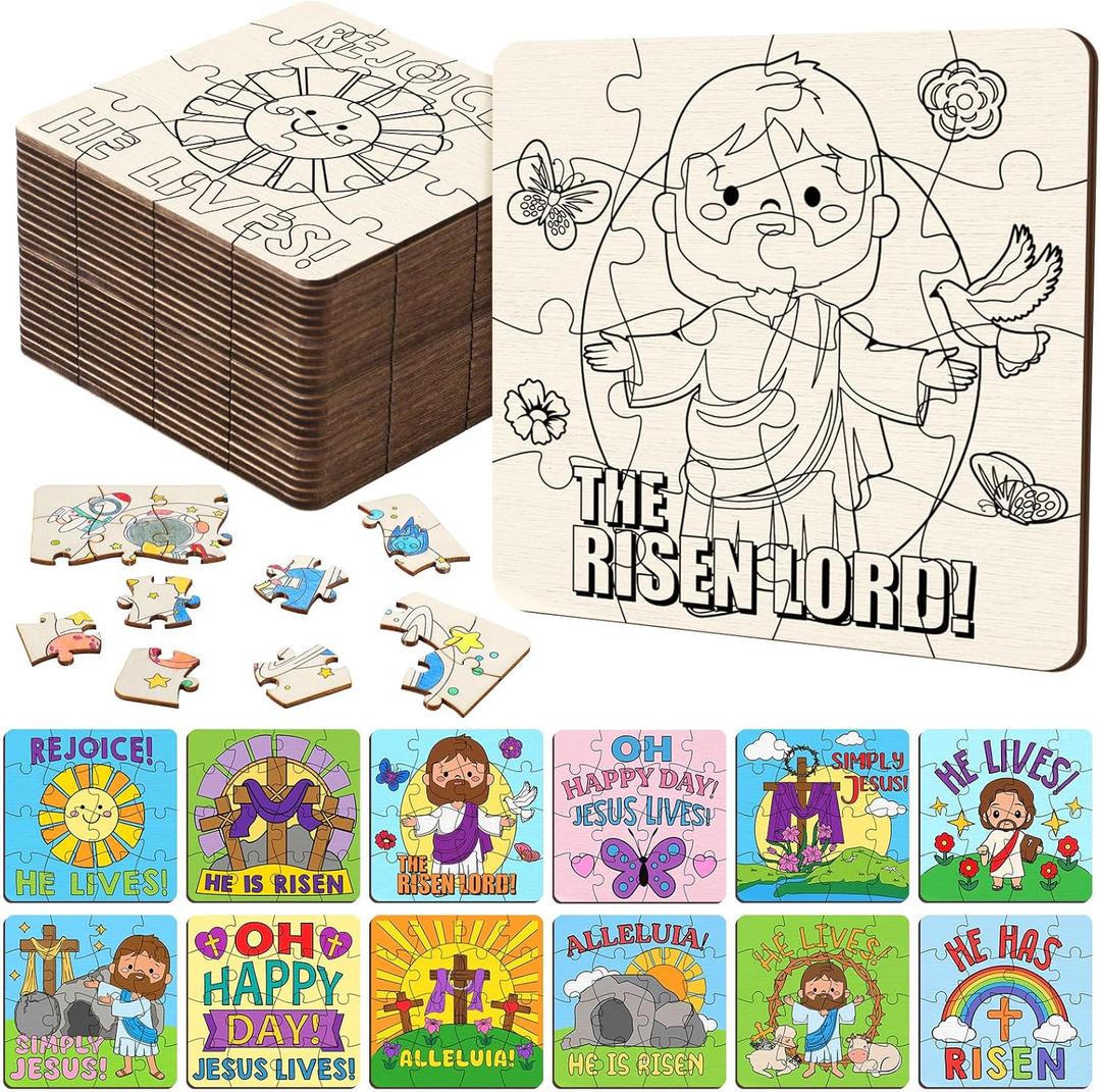 24 Pack Easter Jesus Color Your Own Wooden Jigsaw Puzzles for Kid Religious Christian He Lives He Is Risen Coloring Puzzles DIY Paper Jigsaw Party Favor Gift Exchange Classroom Educational Game