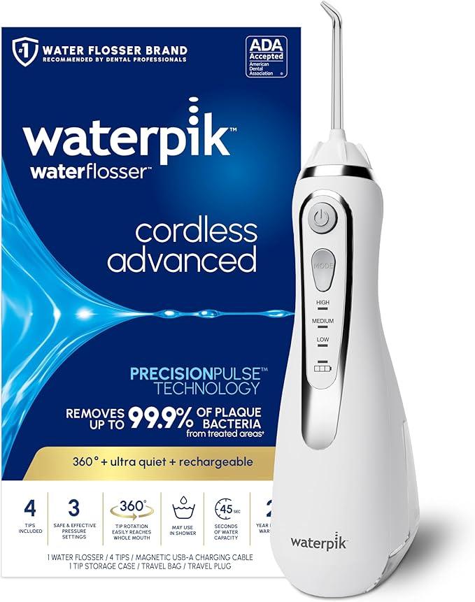 Waterpik Cordless Advanced 2.0 Water Flosser For Teeth, Gums, Braces, Dental Care With Travel Bag and 4 Tips, ADA Accepted, Rechargeable, Portable, and Waterproof, White WP580