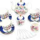 fanquare 21-Piece Blue Lace Porcelain Tea Set, China Coffee Cup and Saucer Set for 6, Pink Flower Tea Sets for Adults Women