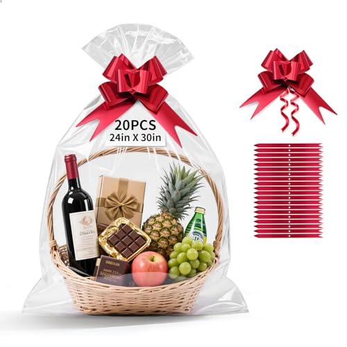 TUXIYA 20 PCS Large Cellophane Bags, 24x30inches Cellophane Wrap for Gift Baskets,Clear Basket Bag with 20 PCS Red Pull Bows