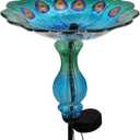 John's Studio Peacock Bird Bath for Outdoor - Glass Bowl Solar Light Cage Outside Dish Bird Feeder with Metal Stake for Garden, Yard and Patio - 32 inches