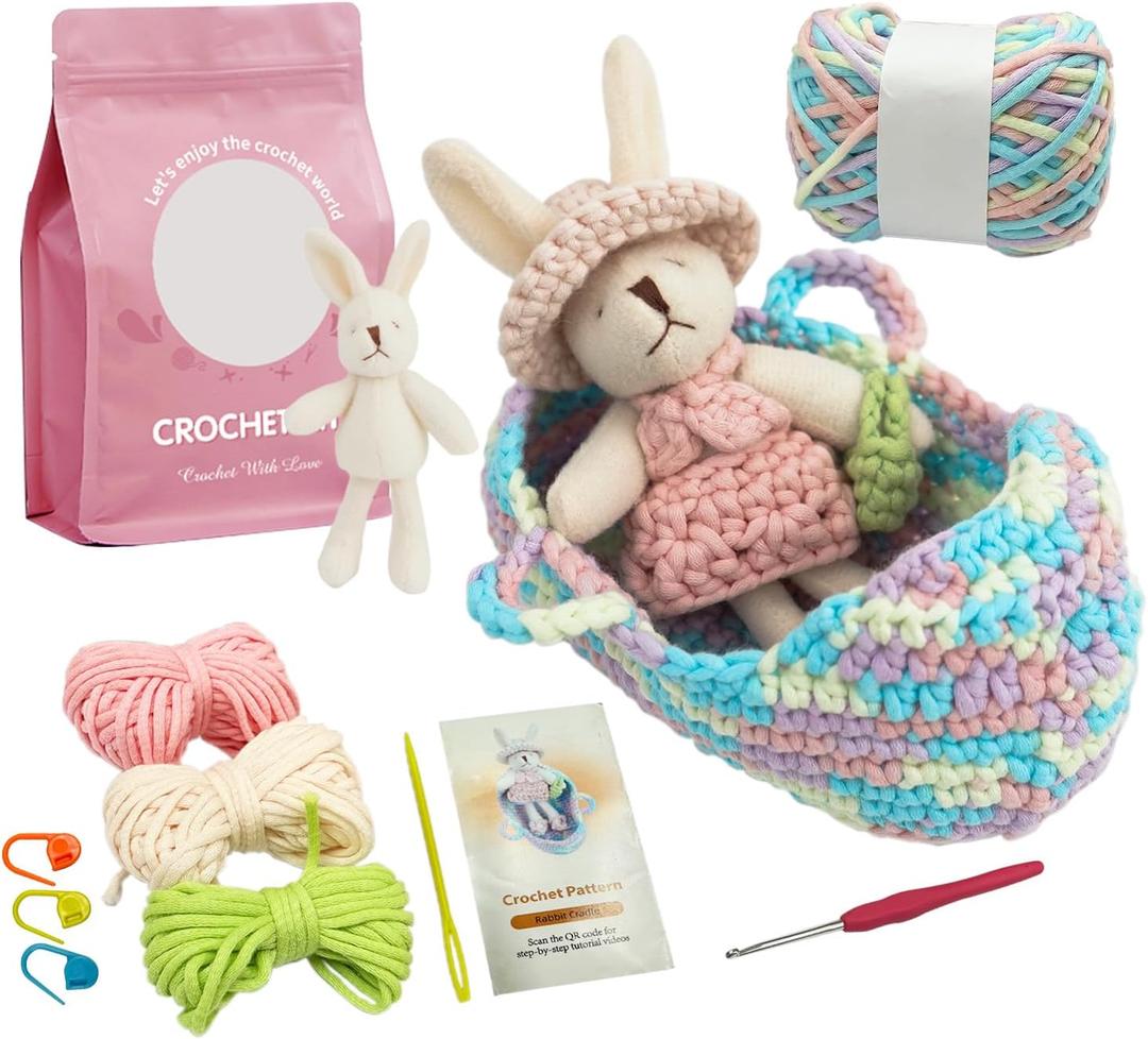 Lmrbelec Crochet Kit for Beginners, Crochet Animals Kit for Kids Adults, Rabbit Cradle Knitting Kit with Soft Yarn, Crochet Hook & Step-by-Step Video Tutorials, Crafts & Gift for Teen Girls