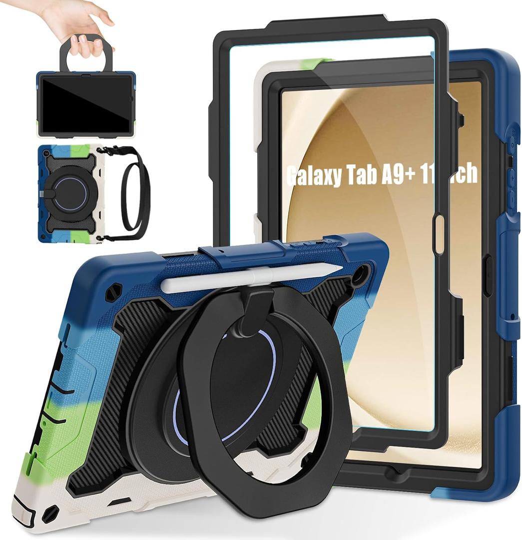 ROISKIN Case for Galaxy Tab A9 Plus 5G/ A9+ 11 Inch with HD Screen Protector & Shoulder Strap,Heavy Duty Military Case for Samsung Galaxy A9 Plus SM-X210/X216/X218 - Rotating Stand for Kids