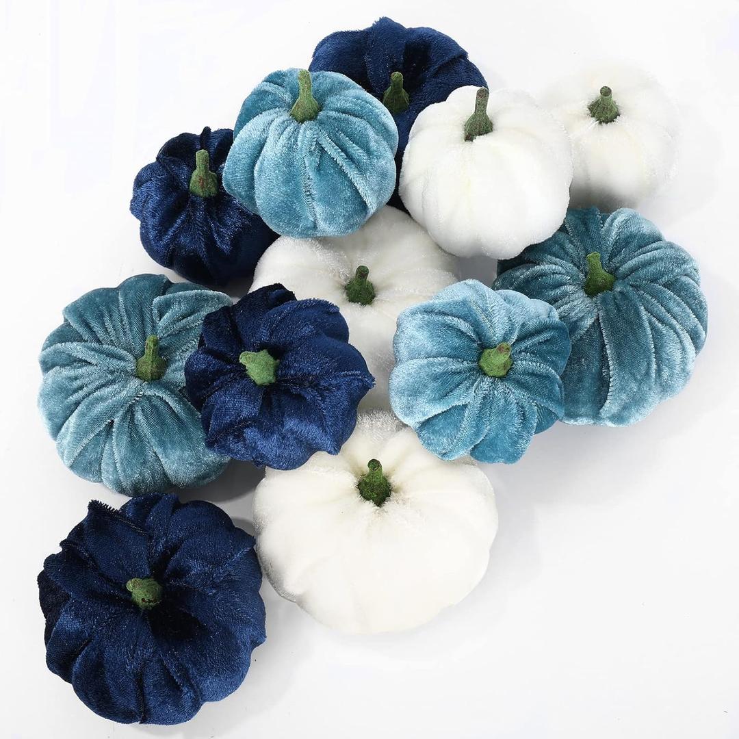 Whaline 12Pcs Fall Thanksgiving Velvet Pumpkin Blue White Artificial Pumpkins 2 Sizes Fake Fabric Pumpkin Autumn Harvest Table Centerpiece for Thanksgiving Halloween Party Mantel Farmhouse Decor