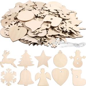 Tatuo 120 Pieces Unfinished Wooden Ornaments Christmas Wood Ornaments Hanging Embellishments Crafts for DIY, Christmas Hanging Decoration in 10 Shapes