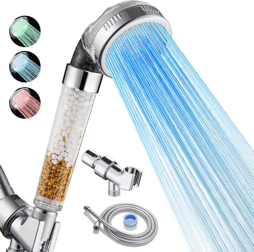 Cobbe Filtered LED Shower Head with Handheld, Color Changing, High Pressure Shower Head with Filter, Water Saving Spray Handheld Showerheads with Hose and Base for Dry Skin & Hair