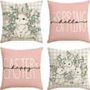 AVOIN colorlife Happy Easter Buffalo Plaid Rabbit Pink Throw Pillow Cover, 20 x 20 Inch Eucalyptus Leaves Hello Spring Cushion Case Decoration for Sofa Couch Set of 4 (20" x 12" (Pack of 4))