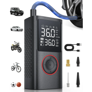 Tire Inflator Portable Air Compressor, 150 PSI Cordless Bike Pump, Air Pump for Auto, Motorcycle, Bicycle, Balls with Pressure Gauge, LED Light & Car Accessories, Black, Medium