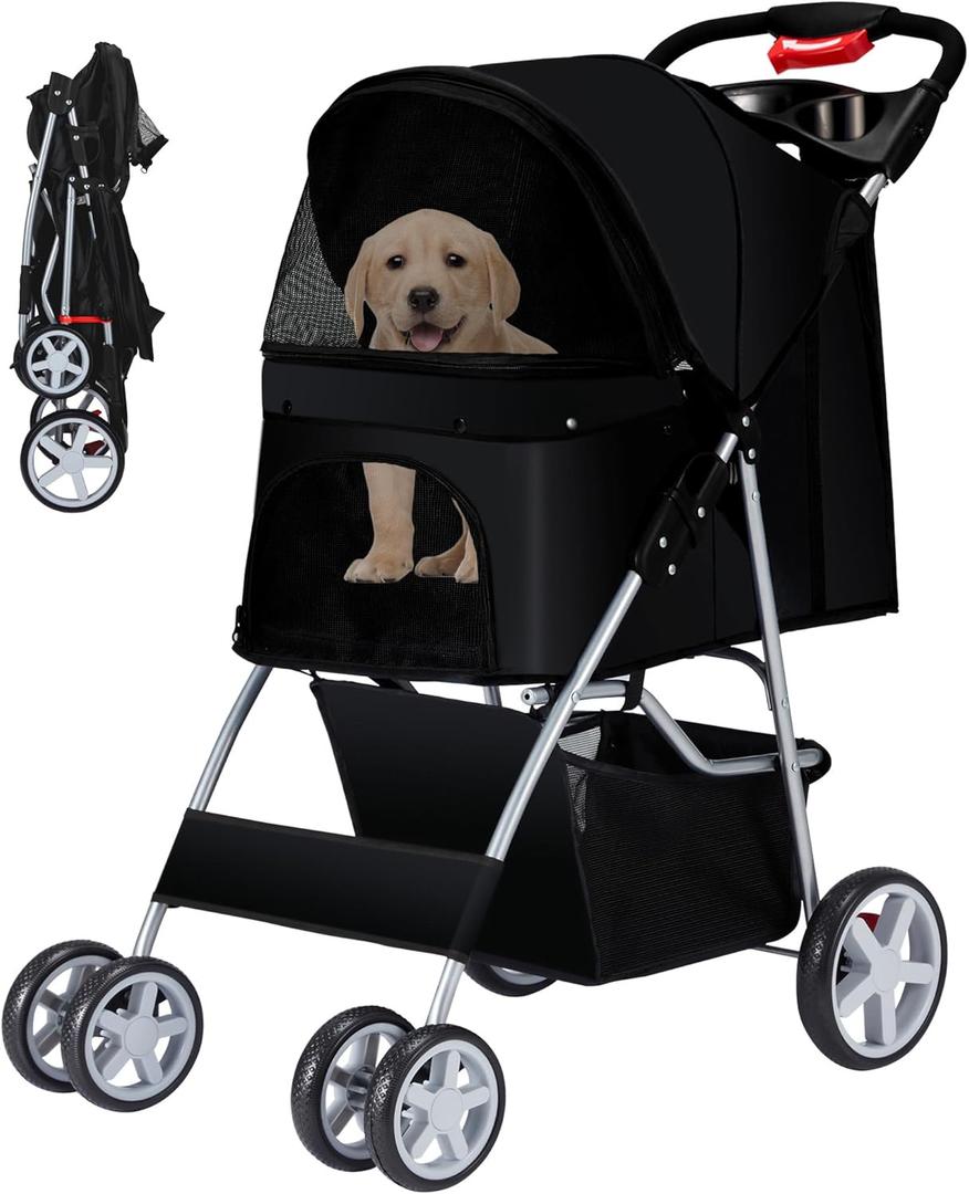 Pet Stroller, 4 Wheels Pet Strolling Cart for Medium/Small Dogs and Cats, Foldable Cat Jogger/Dog Stroller with Cup Holder, Storage Basket, Breathable Mesh, All-Season Pet Carrier, Black