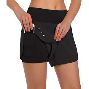 Ksmien Women's 2 in 1 Running Shorts - Lightweight Athletic Workout Gym Yoga Shorts Liner with Phone Pockets Black M