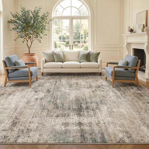 Washable Area Rug 8x10 for Living Room - Ultra-Soft Vintage Distressed Farmhouse Rug, Neutral Taupe Brown Foldable Large Carpet with Non-Slip Backing for Bedroom & Cozy Rustic Decor